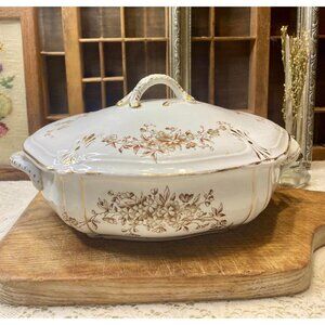 Antique White Porcelain Ironstone Meakin WM Co Tureen With Lid Floral Gold & Gre
